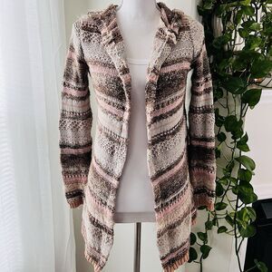 American Rag Cie Pink & Brown Wool Blend Soft Stripe Textured Hooded Sweater Med